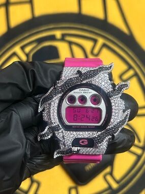Custom Iced Out Pink Casio G-Shock DW-6900 | Rhinestone Flame Bezel | Rare State
